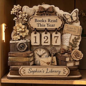 Personalized Wooden Book Tracker, Vintage Reading Counter Decor, Engraved Book Lover Gift