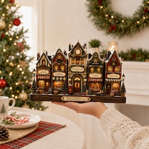 May include: A miniature Christmas village display featuring five connected buildings with illuminated windows, including a clock tower, a bakery, and a toy shop. A plaque on the dark wooden base reads, "MAKING MEMORIES, ONE CHRISTMAS AT A TIME."