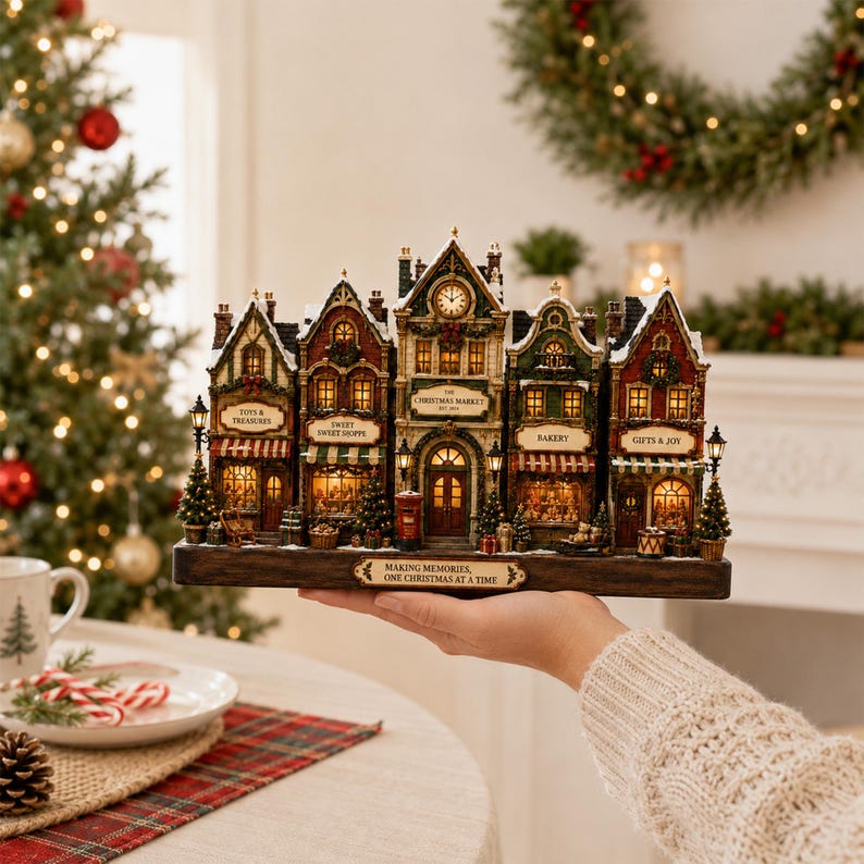 May include: A miniature Christmas village display featuring five connected buildings with illuminated windows, including a clock tower, a bakery, and a toy shop. A plaque on the dark wooden base reads, "MAKING MEMORIES, ONE CHRISTMAS AT A TIME."