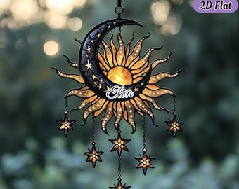 Attrape-soleil lune et étoiles, faux vitrail, décoration d'intérieur sorcière