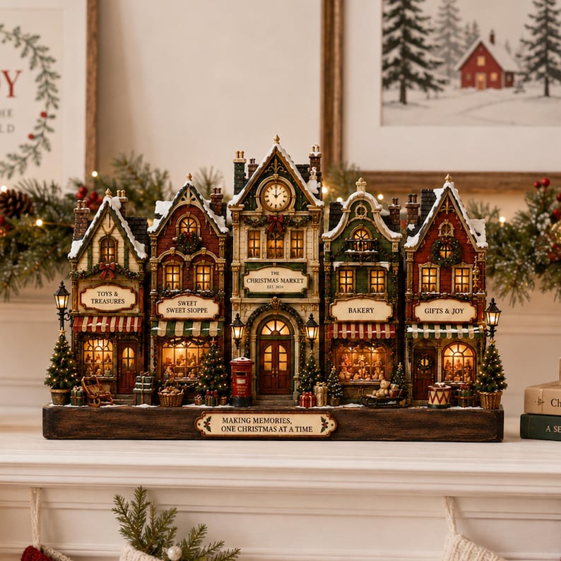 May include: A miniature Christmas village display featuring five connected buildings with illuminated windows, including a clock tower, bakery, and toy shop. The base features the text "MAKING MEMORIES, ONE CHRISTMAS AT A TIME" and the center building reads "THE CHRISTMAS MARKET EST 2019".