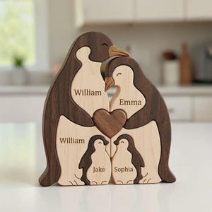 Rompecabezas de madera personalizado para la familia de pingüinos, recuerdo personalizado con nombre y animales para la decoración del hogar.