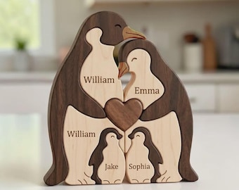 Gepersonaliseerde houten pinguïn familiepuzzel aangepaste naam dier speelgoed woondecoratie aandenken cadeau voor moeder vader kinderkamer babyshower