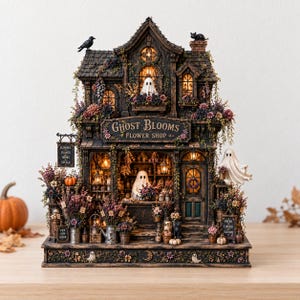Op de afbeelding: Een miniatuur donkerkleurige bloemenwinkel genaamd Ghost Blooms Flower Shop, met verlichte ramen, spookfiguren, een zwarte kraai, een zwarte kat, hangende klimop, paarse en oranje bloemstukken en kleine pompoenen.