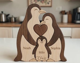 Gepersonaliseerde houten familiepuzzel pinguïn, aangepaste naam dierenaandenken woondecoratie