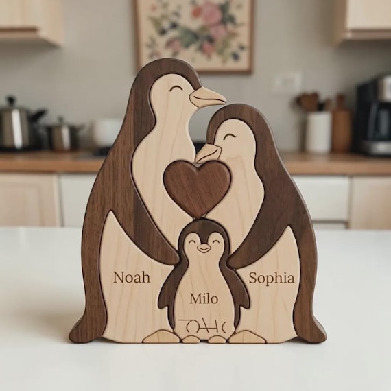 Custom wooden penguin family puzzle where each piece is a named family member — 338 favorites don't lie, this is an irresistible personalized keepsake.