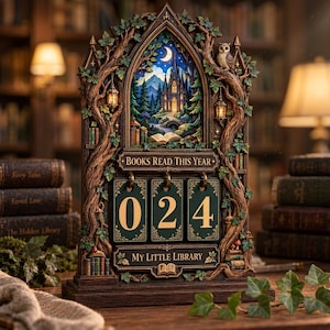 Peut inclure: Un suivi de lecture décoratif avec un cadre en arc gothique orné de branches, de lierre et d'un hibou. Le centre montre un château sous un croissant de lune. Il porte les inscriptions "BOOKS READ THIS YEAR" et "MY LITTLE LIBRARY" avec trois tuiles numérotées affichant 024.