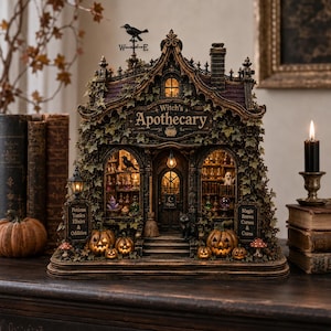 Op de afbeelding: Een gedetailleerd miniatuurmodel van een Witch's Apothecary winkel met met klimop bedekte muren, een kraai-windwijzer en verlichte ramen. De winkelpui toont borden met de tekst Potions, Tonics, Elixirs & Oddities en Magic Brews, Curses & Cures, met uitgesneden pompoenen en een zwarte kat.