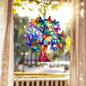 Árvore de borboletas arco-íris, vitral falso, acrílico, apanhador de sol, natureza colorida, pendurado na janela, presente exclusivo para amantes de jardins e decoração de casa