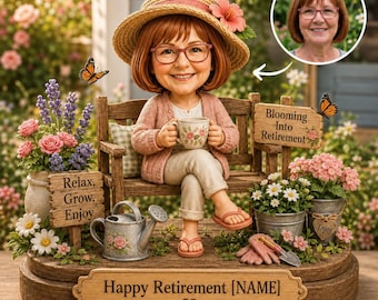 Figura cabezona personalizada para jubilación, recuerdo decorativo con temática playera.