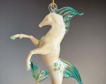 Art Glass Ivory and Aqua Hippocampus Figurine Ornament