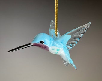 Art Glass Pastel Blue or Green Hummingbird Ornament