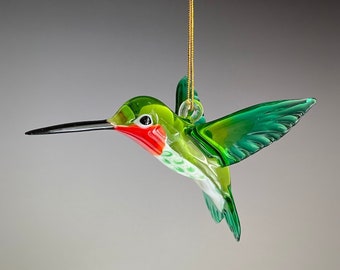 Art Glass Transparent Green Ruby-throated Hummingbird Figurine Ornament