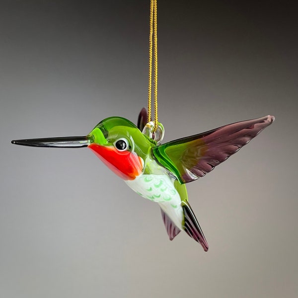 Art Glass Transparent Green & Purple Ruby-throated Hummingbird Figurine Ornament