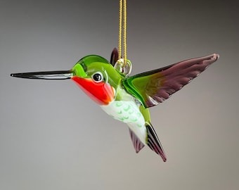 Art Glass Transparent Green & Purple Ruby-throated Hummingbird Figurine Ornament