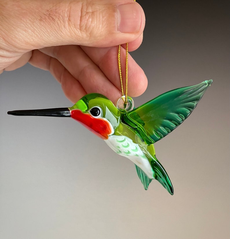 Art Glass Transparent Green Ruby-throated Hummingbird Figurine Ornament image 3