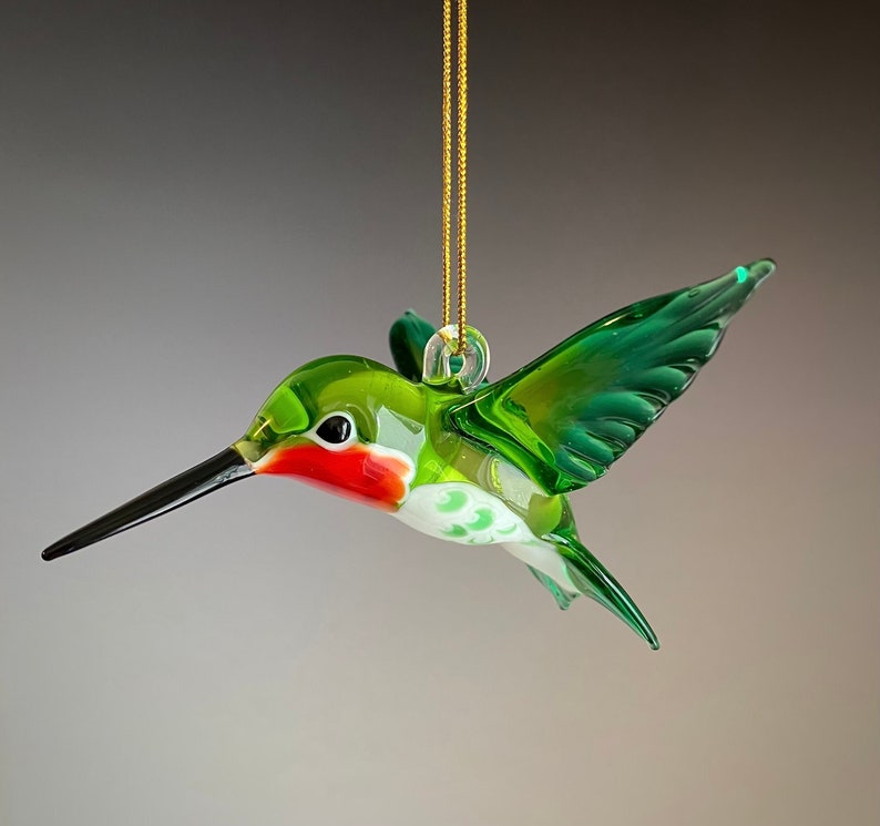 Art Glass Transparent Green Ruby-throated Hummingbird Figurine Ornament image 2