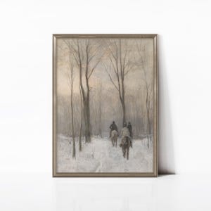 May include: A framed vintage print depicts a snowy forest scene. Bare trees line a snow-covered path where three figures on horseback are riding. The artwork has a muted color palette of grays, browns, and whites, evoking a sense of winter.