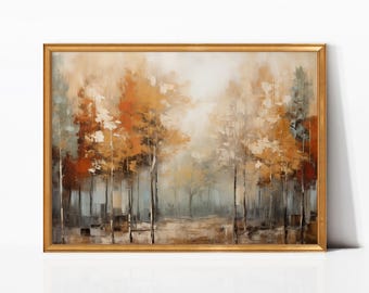 May include: An oil painting of a forest scene in autumn colors. The artwork features tall trees with orange and brown foliage, set against a misty, light-filled background. The painting is framed in a gold-colored wooden frame.