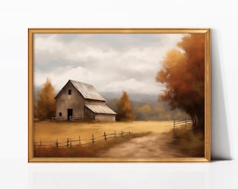アメリカのカントリー農場風景のアート・タイル 春と秋の2枚セット 素朴な農場のオリジナル絵画、カントリーリビングアメリカンアート