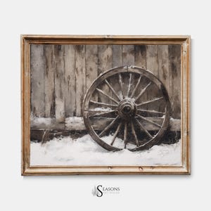 May include: A framed watercolor painting of a weathered wooden wagon wheel in the snow. The wheel is leaning against a wooden wall, and the snow is piled up around it.