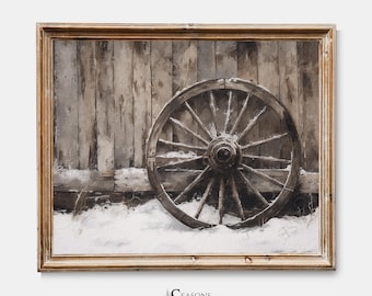 Arte rústico de rueda de carreta invernal, decoración de pared de granja, lámina de escena campestre vintage nevada / SKU# WI.STL.A3a