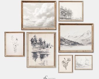 Pencil Sketch Prints Set with Mountains, Woodland, Clouds, Botanical Drawings, Nature-Inspired Black & White Landscape Wall Art | S7-2