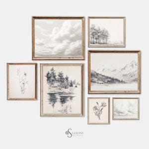 Pencil Sketch Prints Set with Mountains, Clouds, and Botanical Drawings for Rustic Vintage Wall Decor | SKU# S7-2