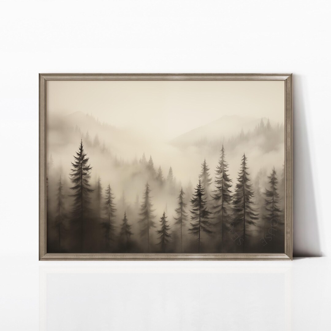 Foggy Mountain Forest Landscape Print, Misty Pine Tree Wall Art, Rustic ...