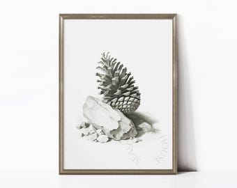 印刷可能な松ぼっくりのアートプリント、グラファイト鉛筆画、森の装飾