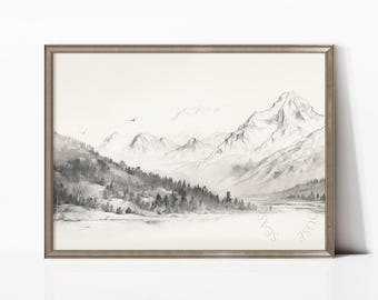 Impresión de boceto a lápiz de montañas, lago boscoso y árboles, arte de pared con paisaje rústico / SKU n.° 13-349.1