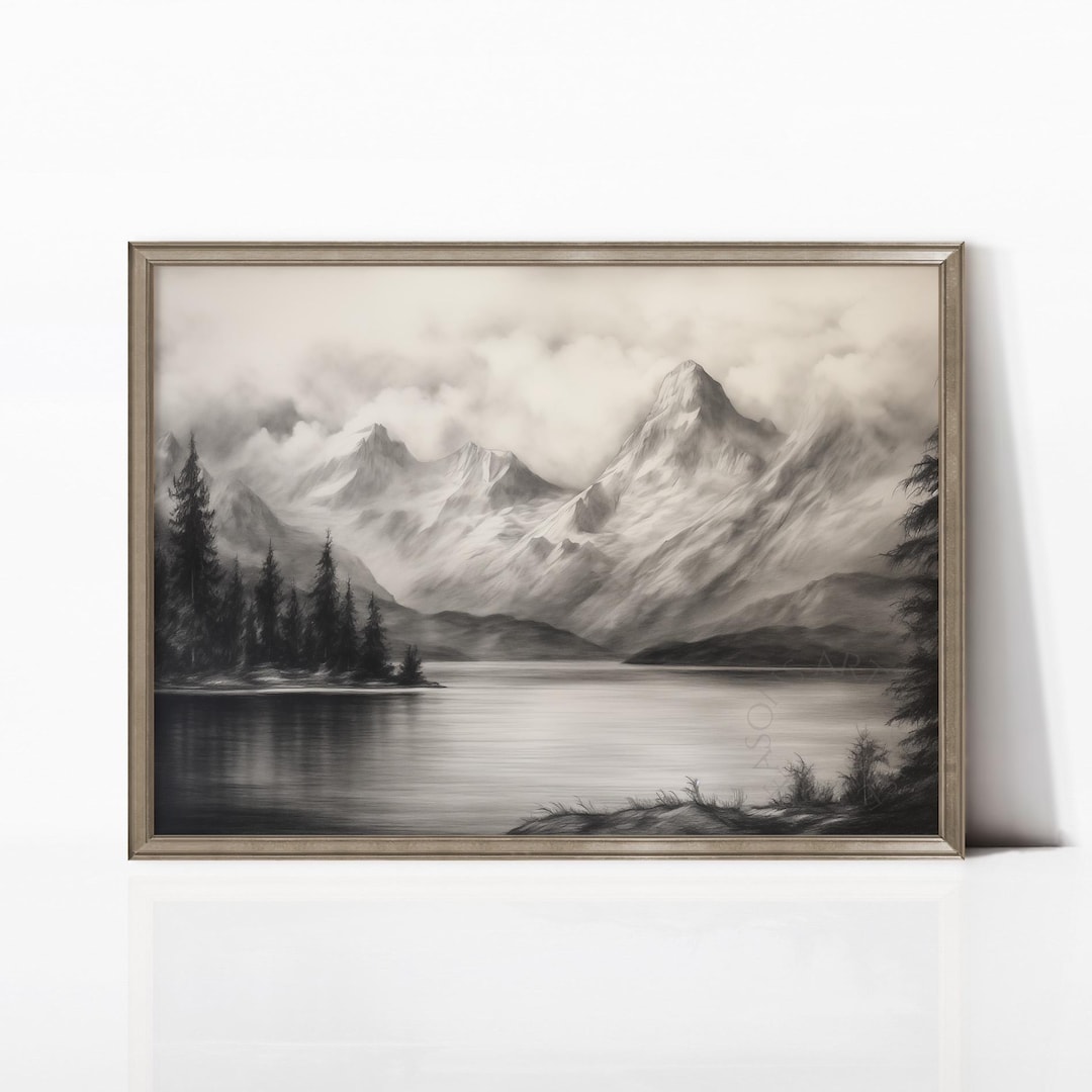 Black & White Alpine Mountain Sketch Print, Rustic Landscape Wall Art ...