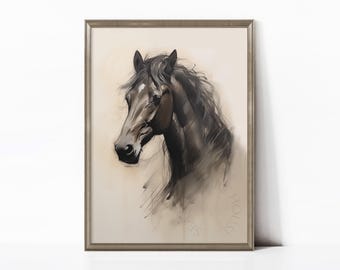 Stampa a carboncino di schizzo di cavallo, ritratto equino rustico, arte equina a matita, decorazione murale in stile country western / SKU n. 13-1501.1