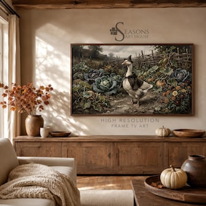 Witch Goose Halloween Frame TV Art, Vintage Cottage Garden Oil Painting, Funny Goose in Witch Hat with Pumpkins | TVH-48