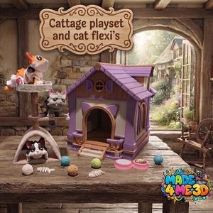 May include: A playset featuring a purple cat house, a beige cat tree, and three small cat figures. The set includes accessories like yarn balls and fish bones. A wooden sign above reads "Cattage playset and cat flexi's" and a logo reads "MADE 4ME3D".
