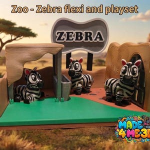 May include: A zoo playset featuring three articulated zebra figures on a green and brown base. The set includes a tan rock-like structure, a grey sign with the text ZEBRA, and the text Zoo - Zebra flexi and playset at the top of the image.