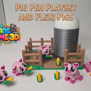 May include: A pig pen playset and flexi pigs featuring a brown plastic fence, a grey and white silo, and several small pink articulated pig figures. Each pig is holding a small yellow and green corn cob. The text PIG PEN PLAYSET AND FLEXI PIGS is visible.