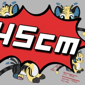 May include: A cartoon illustration of a yellow and black bee-like creature with blue accents. The image features the text "45cm" in a red burst, with additional measurements: tail 30cm, body 30cm, including front paws 40cm.