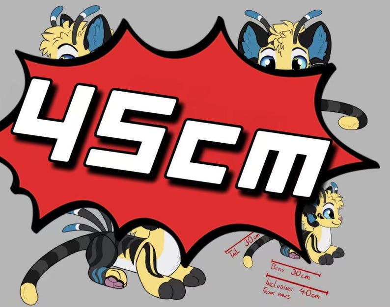 May include: A cartoon illustration of a yellow and black bee-like creature with blue accents. The image features the text "45cm" in a red burst, with additional measurements: tail 30cm, body 30cm, including front paws 40cm.