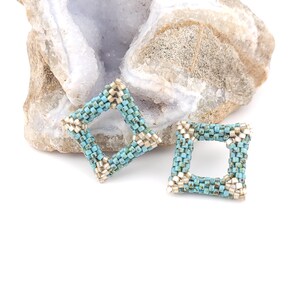 Handmade Designer Artisan Peyote Square Rhombus Earrings in Vintage Blue, Mother of The Bride Earrings