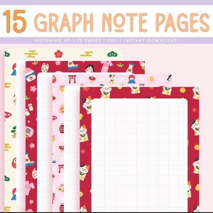 May include: A set of 15 graph note pages featuring a variety of Japanese-inspired patterns including beckoning cats, torii gates, and cherry blossoms. The pages are displayed in a layered stack, each with a white grid area for writing.