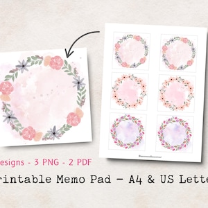Bloc de notas imprimible con diseño de flores de acuarela, juego de notas florales, papel botánico, notas adhesivas imprimibles, tamaño A4, carta de EE. UU., descarga instantánea