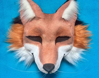 High Quality Handmade Red Fox Canine Wolf Therian Mask with Fleece Lining, Eye Mesh, Faux Fur