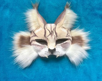 Handmade Beige Tabby Cat Feline Therian Mask with Fleece Lining, EVA Foam Ears