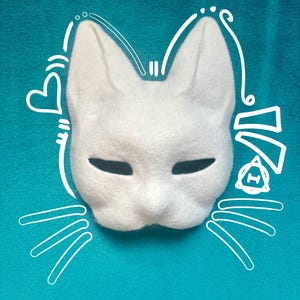 May include: A white cat mask with pointed ears and narrow eye openings. The mask is decorated with white line art illustrations including a heart, whiskers, and abstract shapes surrounding the feline face, set against a solid teal background.