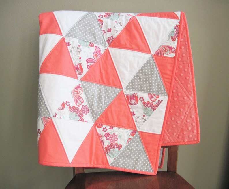 Coral Triangle Baby Quilt Coral and Gray Baby Blanket Baby Etsy