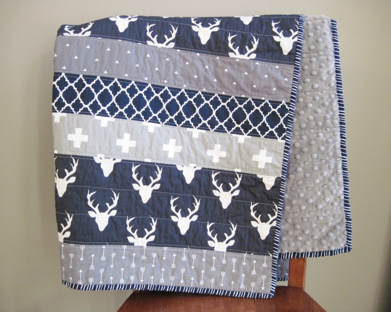 Woodland Baby Quilt Navy Blue Baby Blanket Deer Quilt Navy Etsy