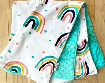 Personalized Teal Modern Rainbow Baby Blanket, Gender Neutral Baby Blanket, Aqua Rainbow Baby Blanket