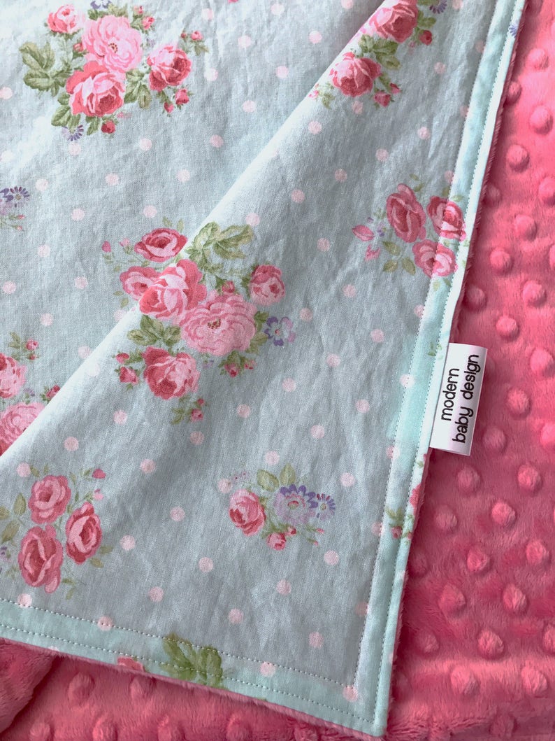 Pink and Blue Floral Baby Blanket Pink Minky Baby Blanket Etsy