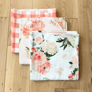 Ready to ship! Coral Pink Floral Receiving Blanket Set, Buffalo Plaid Receiving Blanket, Coral Nursery, Girl Swaddle Blankets